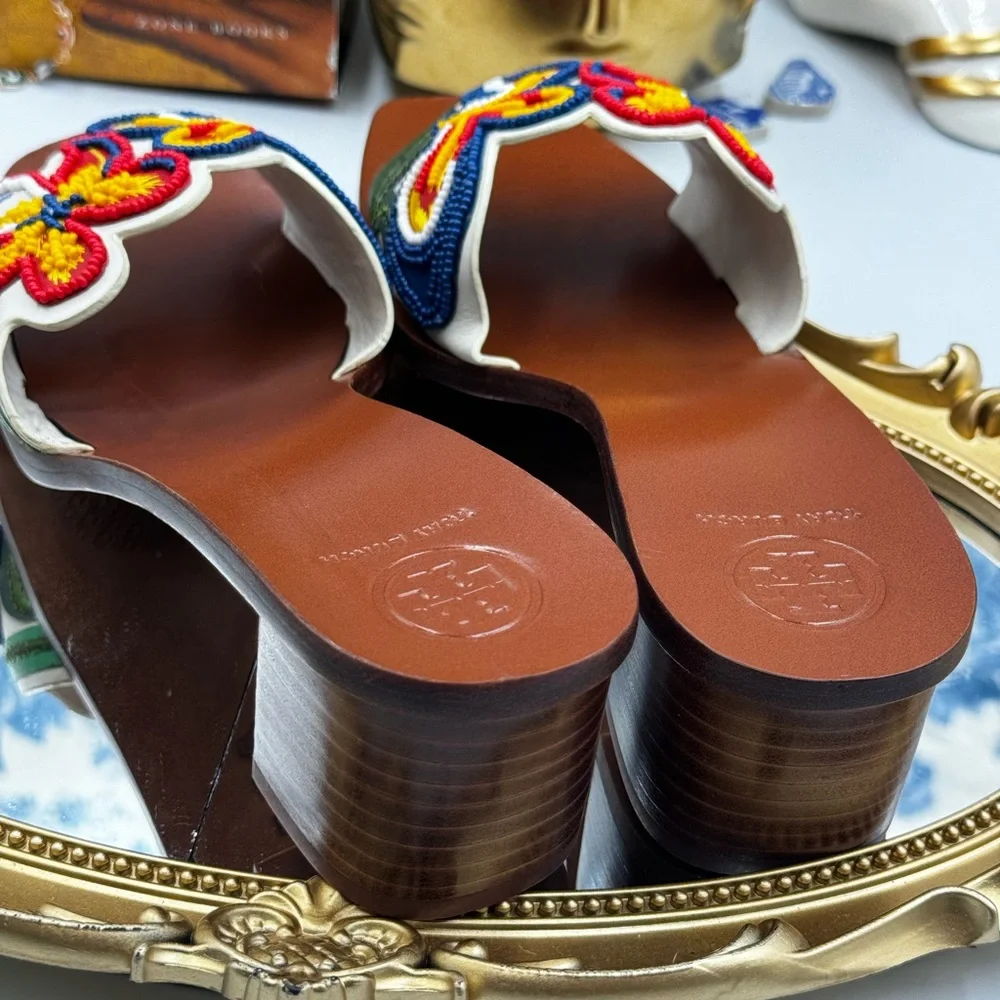 🆕 TORY BURCH 🧿 NWOB Bianca Floral Bead Embellished Slide Sandal, Sz 6.5